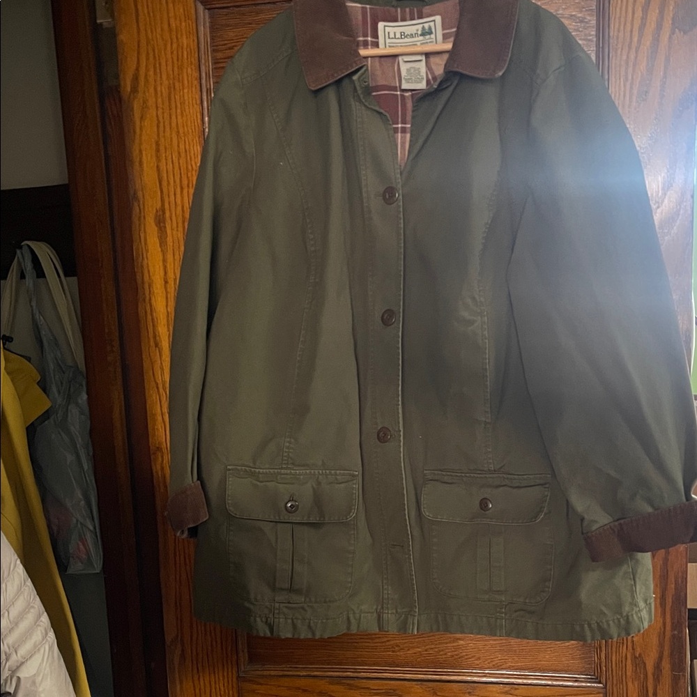 L.L. Bean Women's Plus Sized Olive Utility Barn Coat with Corduroy Trim